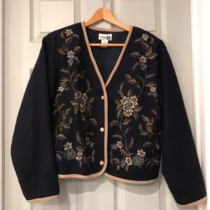 Paul Harris Design Women's L Floral Embroidered Navy Tan Three Button Blazer